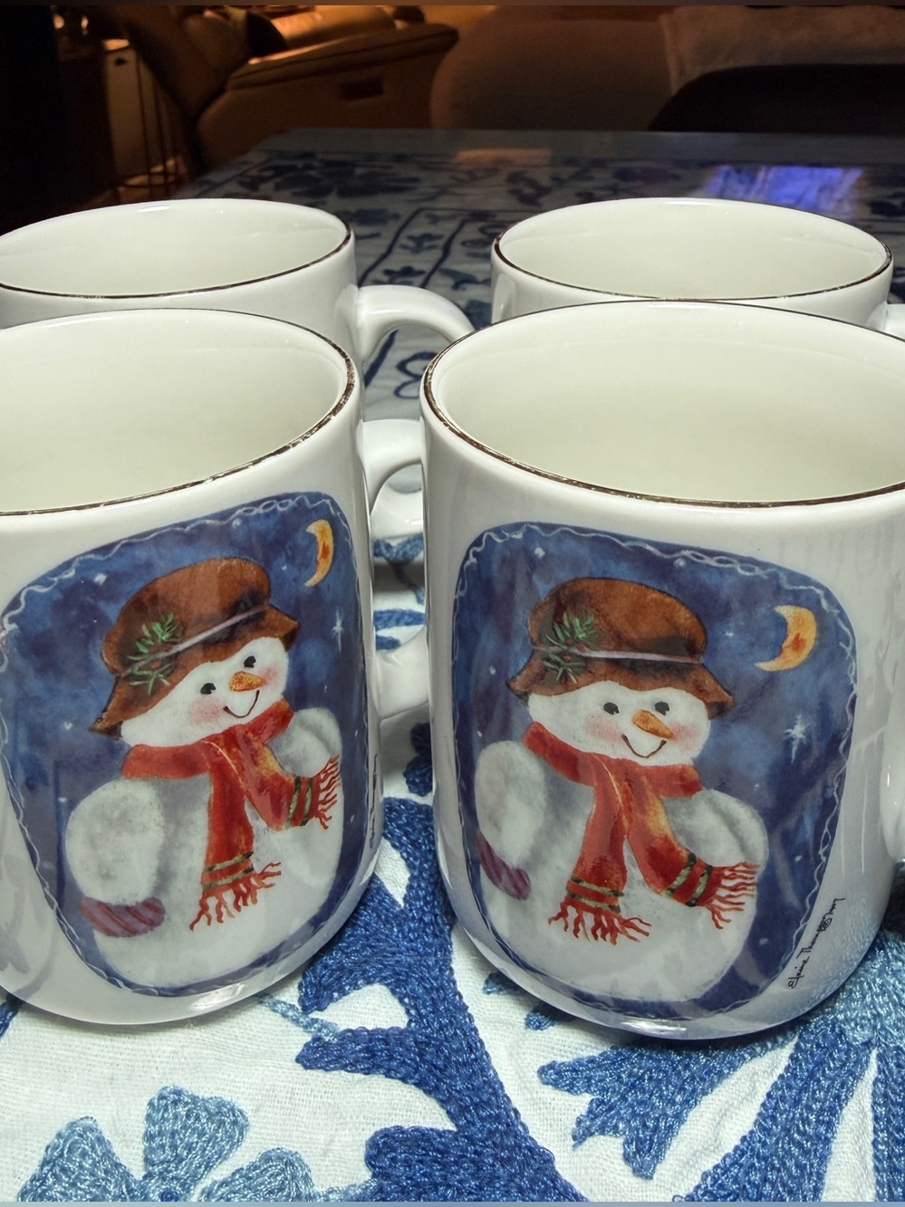 VTG Mugs 1997 Elaine Thompson Snowman Moon Christmas Coffee Seto 4 90s Celestial